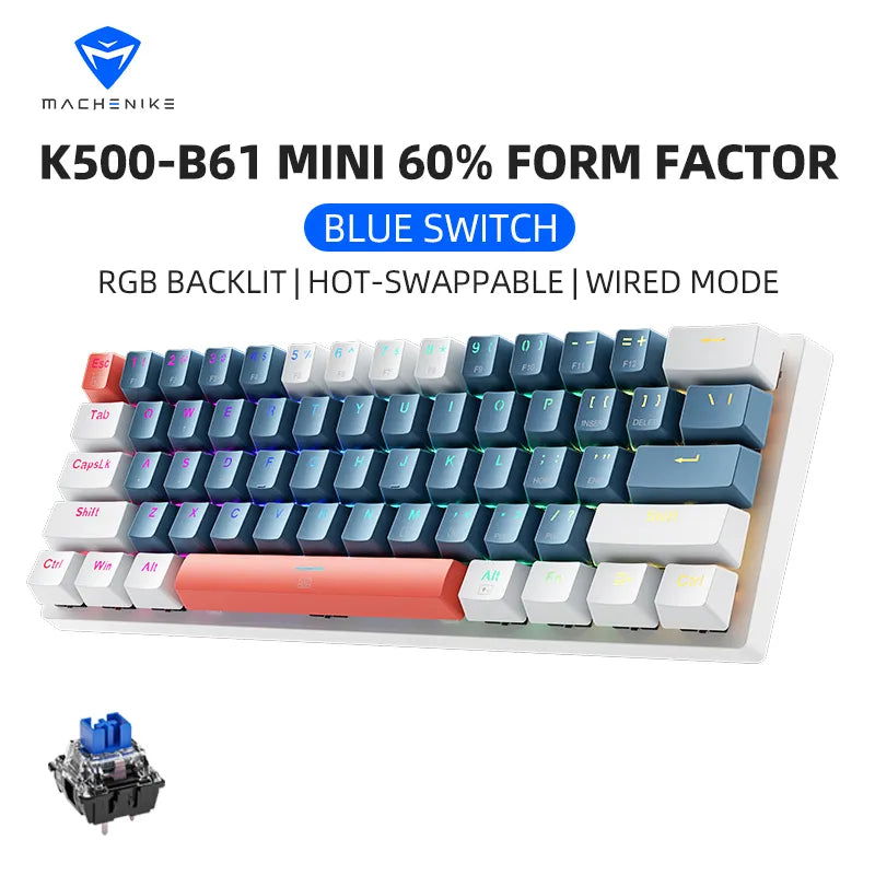 Machenike K500-B61 Mini Mechanical Keybaord 60% Form Factor 61Keys Gaming Keybaord Wired Full Key Hot-Swappable RGB Backlit - Slobuy