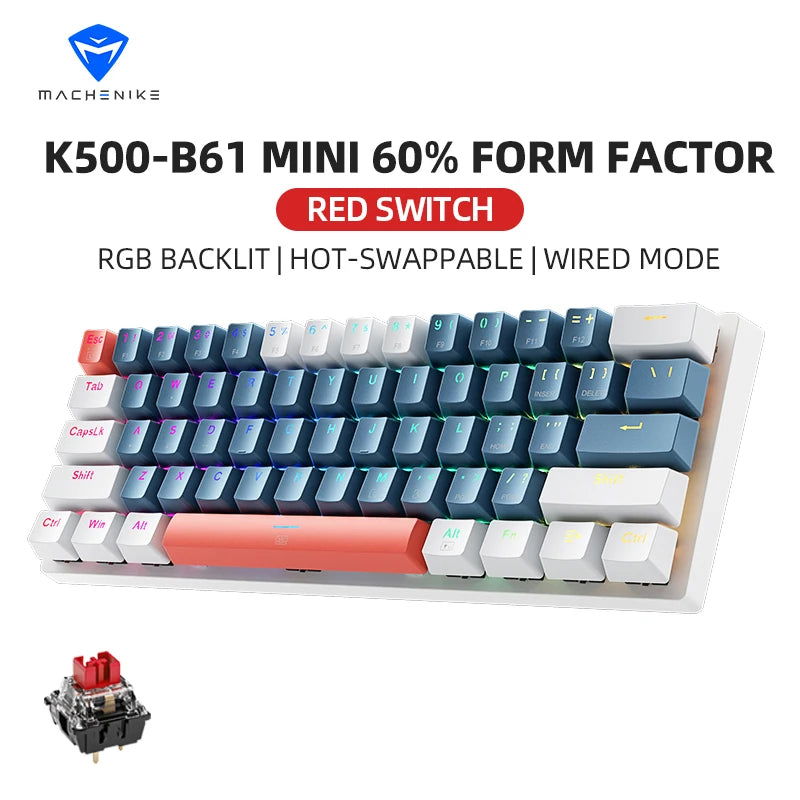 Machenike K500-B61 Mini Mechanical Keybaord 60% Form Factor 61Keys Gaming Keybaord Wired Full Key Hot-Swappable RGB Backlit - Slobuy