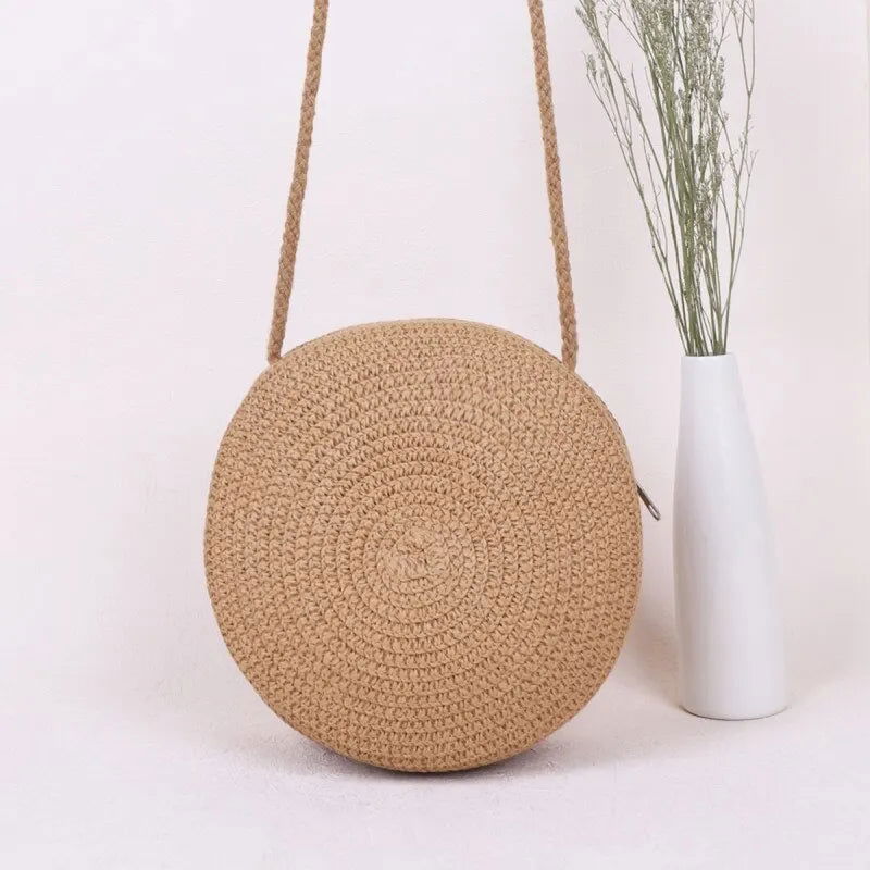 Minimalist Straw Bag Round Crossbody Purse Women Shoulder Vocation Style Handbag - Slobuy