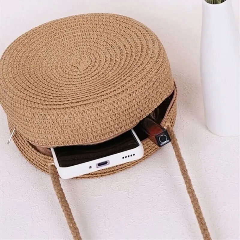 Minimalist Straw Bag Round Crossbody Purse Women Shoulder Vocation Style Handbag - Slobuy