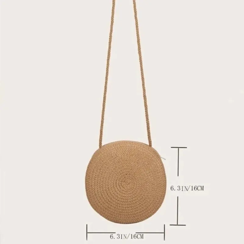 Minimalist Straw Bag Round Crossbody Purse Women Shoulder Vocation Style Handbag - Slobuy