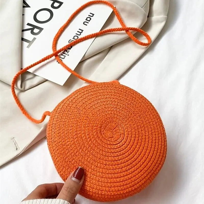 Minimalist Straw Bag Round Crossbody Purse Women Shoulder Vocation Style Handbag - Slobuy