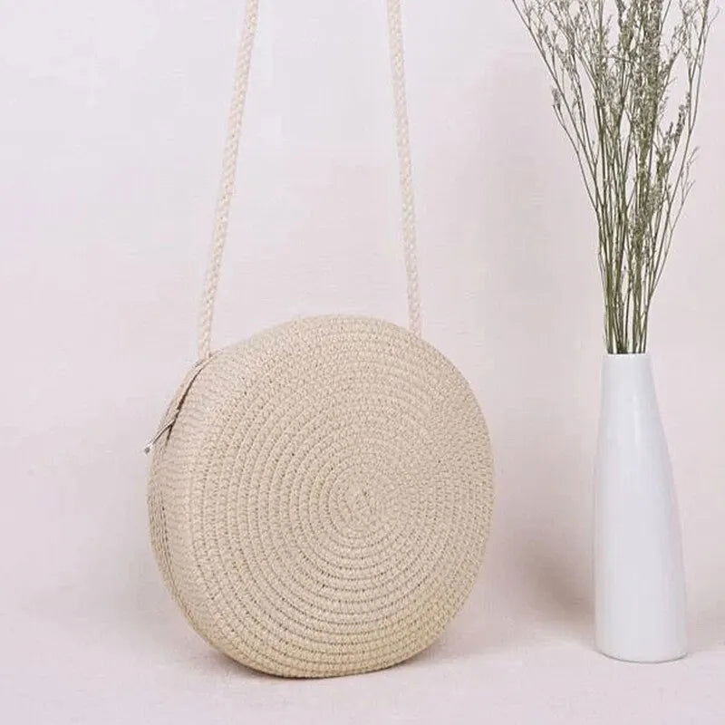 Minimalist Straw Bag Round Crossbody Purse Women Shoulder Vocation Style Handbag - Slobuy