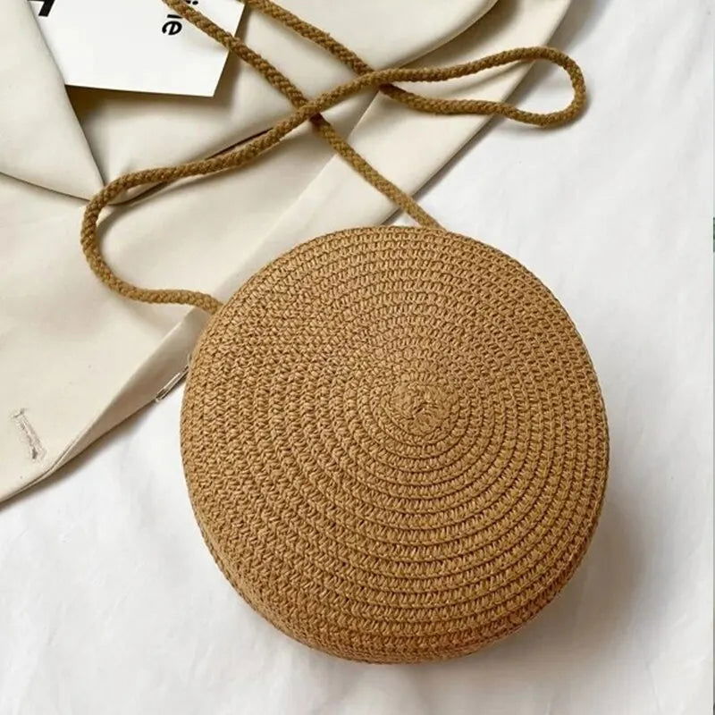 Minimalist Straw Bag Round Crossbody Purse Women Shoulder Vocation Style Handbag - Slobuy