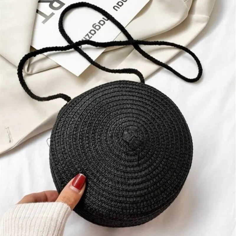 Minimalist Straw Bag Round Crossbody Purse Women Shoulder Vocation Style Handbag - Slobuy