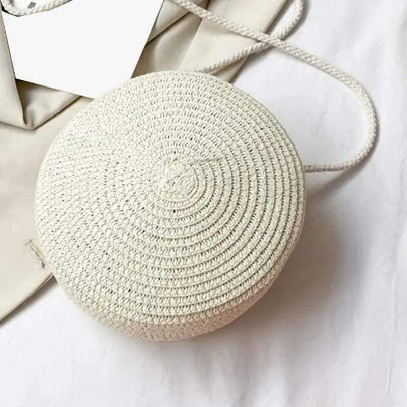 Minimalist Straw Bag Round Crossbody Purse Women Shoulder Vocation Style Handbag - Slobuy