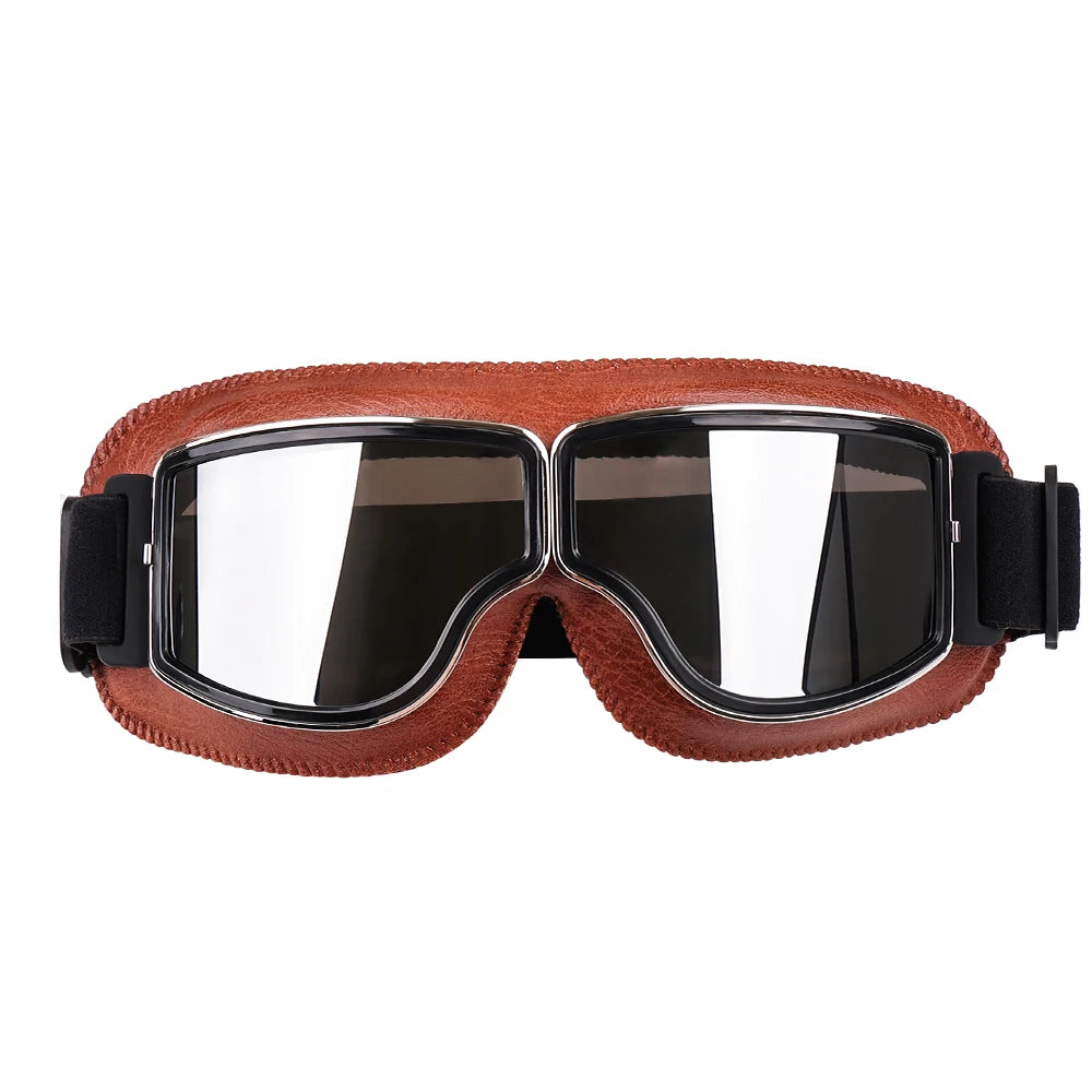 Motorcycle Goggles Adjustable Retro Motocross Goggles Vintage Black/Brown Leather Motorcycle Glasses With Breathable Hole - Slobuy