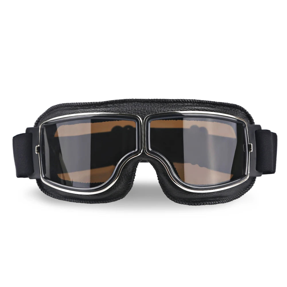 Motorcycle Goggles Adjustable Retro Motocross Goggles Vintage Black/Brown Leather Motorcycle Glasses With Breathable Hole - Slobuy