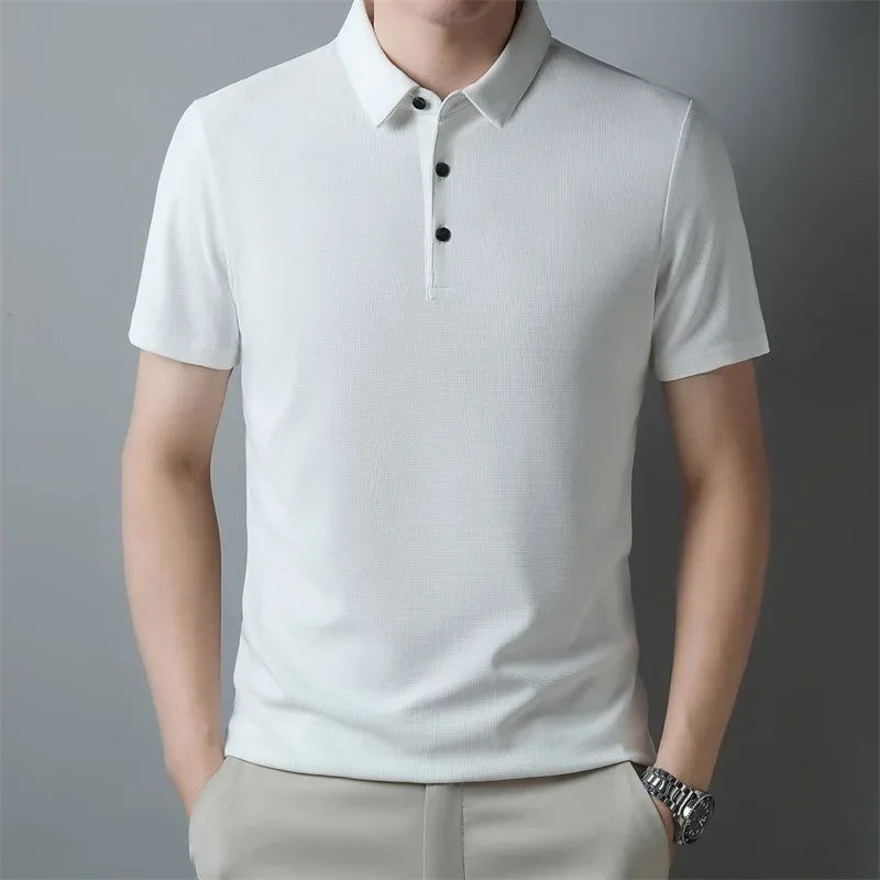 New Men's Casual Waffle Short Sleeve Polo Shirt Fashion Solid Color Top - Slobuy