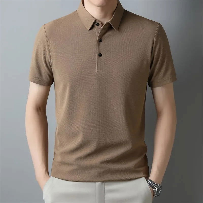 New Men's Casual Waffle Short Sleeve Polo Shirt Fashion Solid Color Top - Slobuy