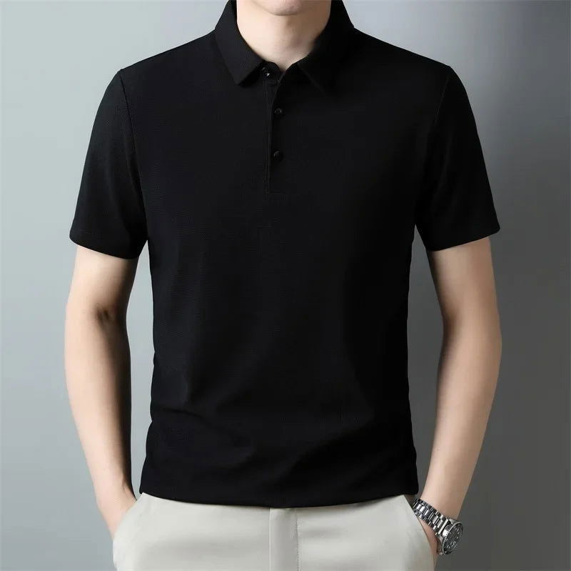 New Men's Casual Waffle Short Sleeve Polo Shirt Fashion Solid Color Top - Slobuy