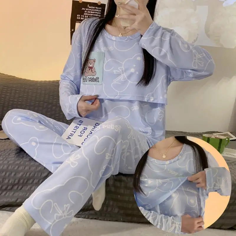 New Monthly Clothing 2-Piece Spring And Autumn Maternity Pajamas Summer Breastfeeding Suit Breastfeeding Pajamas Homewear - Slobuy