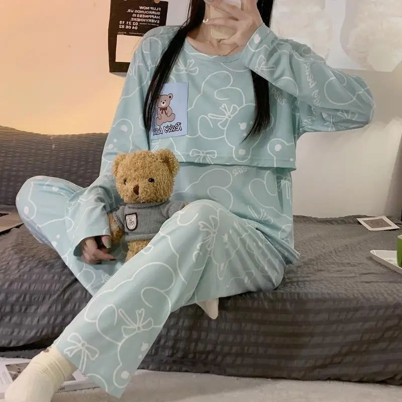 New Monthly Clothing 2-Piece Spring And Autumn Maternity Pajamas Summer Breastfeeding Suit Breastfeeding Pajamas Homewear - Slobuy