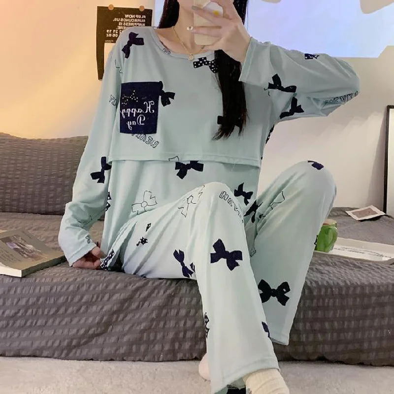 New Monthly Clothing 2-Piece Spring And Autumn Maternity Pajamas Summer Breastfeeding Suit Breastfeeding Pajamas Homewear - Slobuy
