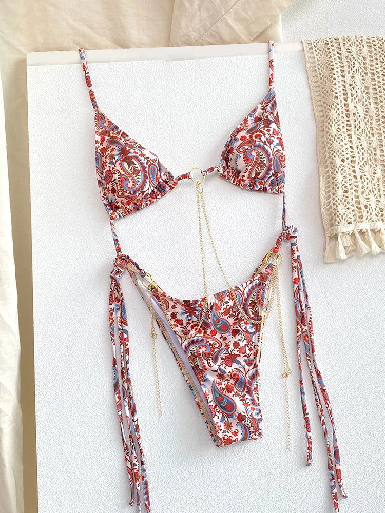 Sexy Triangle Chains Bikini Sets Micro Thongs Swimsuit Women Bathing Suit Biquini Bandage Beachwear Print Swimwear Thong Bikini - Slobuy