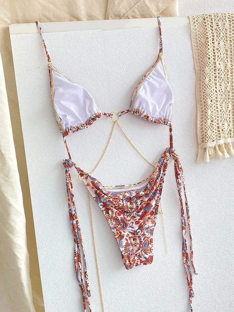 Sexy Triangle Chains Bikini Sets Micro Thongs Swimsuit Women Bathing Suit Biquini Bandage Beachwear Print Swimwear Thong Bikini - Slobuy