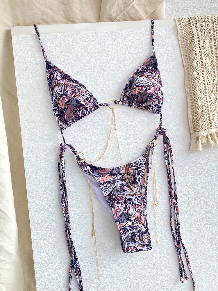 Sexy Triangle Chains Bikini Sets Micro Thongs Swimsuit Women Bathing Suit Biquini Bandage Beachwear Print Swimwear Thong Bikini - Slobuy