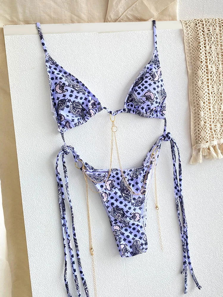 Sexy Triangle Chains Bikini Sets Micro Thongs Swimsuit Women Bathing Suit Biquini Bandage Beachwear Print Swimwear Thong Bikini - Slobuy
