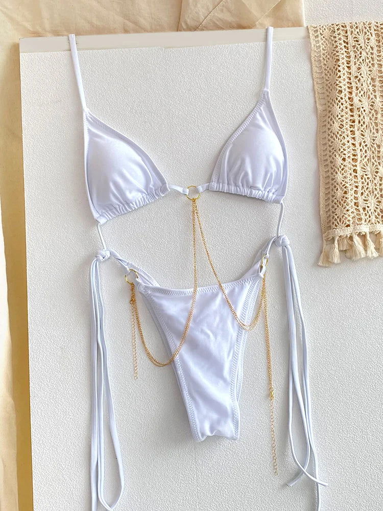 Sexy Triangle Chains Bikini Sets Micro Thongs Swimsuit Women Bathing Suit Biquini Bandage Beachwear Print Swimwear Thong Bikini - Slobuy
