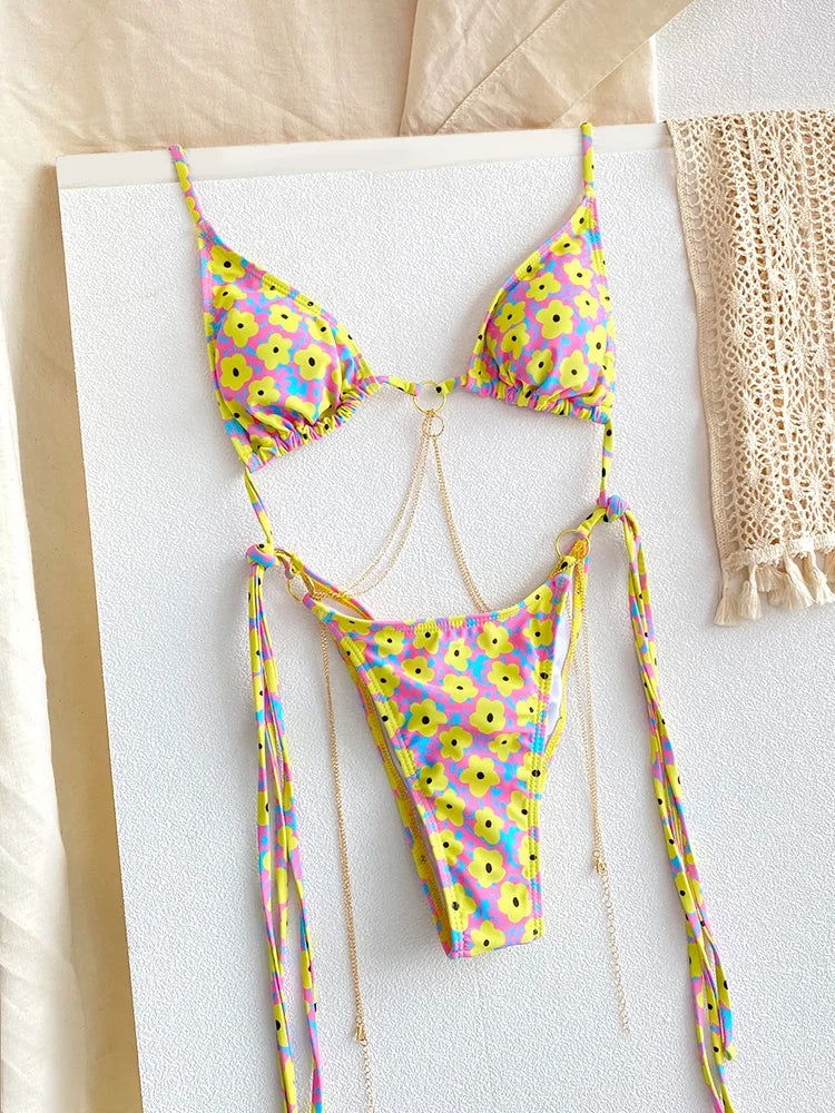 Sexy Triangle Chains Bikini Sets Micro Thongs Swimsuit Women Bathing Suit Biquini Bandage Beachwear Print Swimwear Thong Bikini - Slobuy