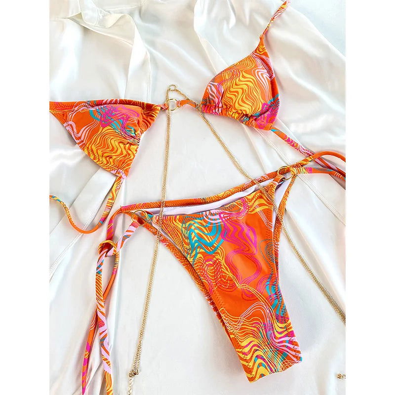 Sexy Triangle Chains Bikini Sets Micro Thongs Swimsuit Women Bathing Suit Biquini Bandage Beachwear Print Swimwear Thong Bikini - Slobuy