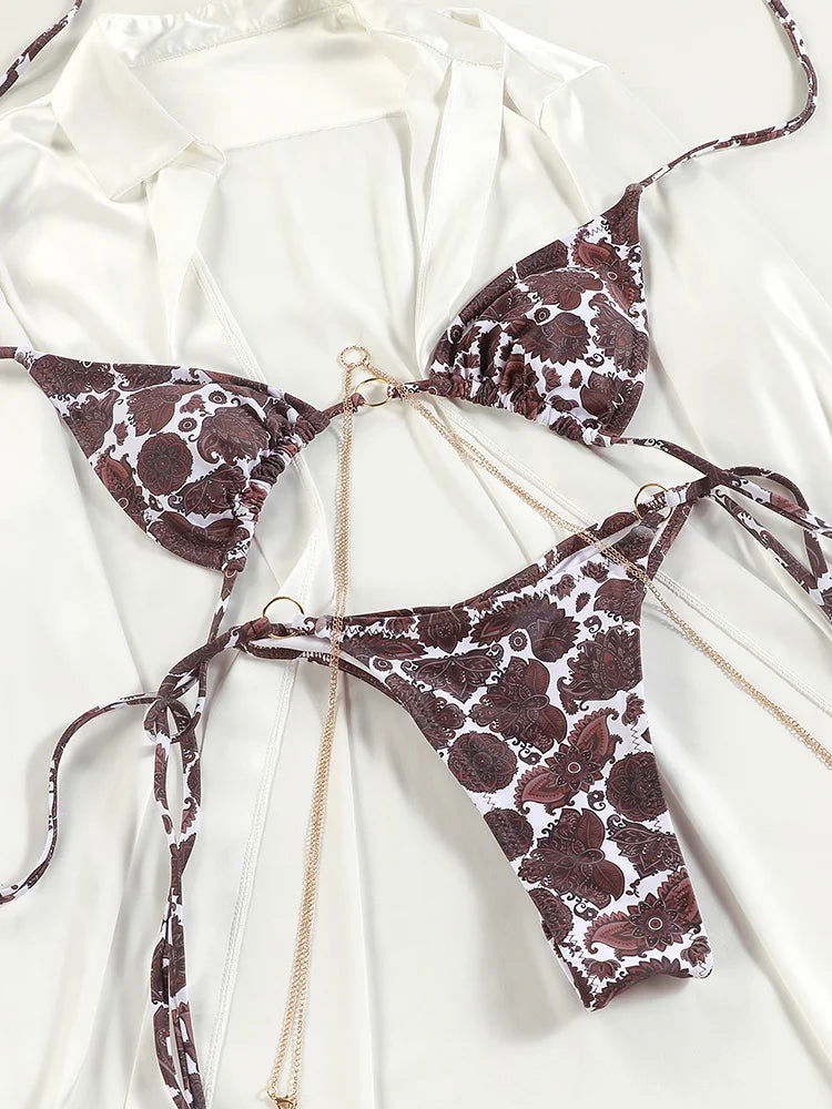 Sexy Triangle Chains Bikini Sets Micro Thongs Swimsuit Women Bathing Suit Biquini Bandage Beachwear Print Swimwear Thong Bikini - Slobuy