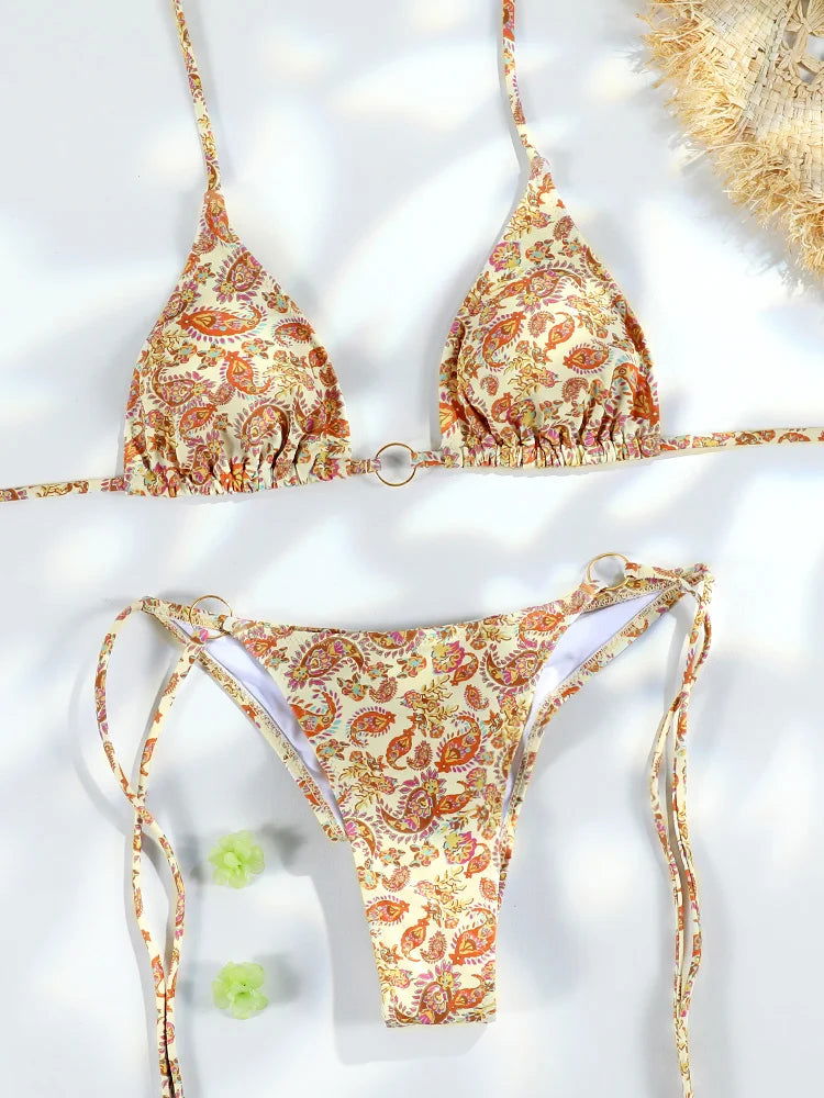 Sexy Triangle Chains Bikini Sets Micro Thongs Swimsuit Women Bathing Suit Biquini Bandage Beachwear Print Swimwear Thong Bikini - Slobuy