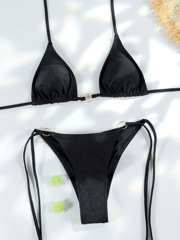 Sexy Triangle Chains Bikini Sets Micro Thongs Swimsuit Women Bathing Suit Biquini Bandage Beachwear Print Swimwear Thong Bikini - Slobuy