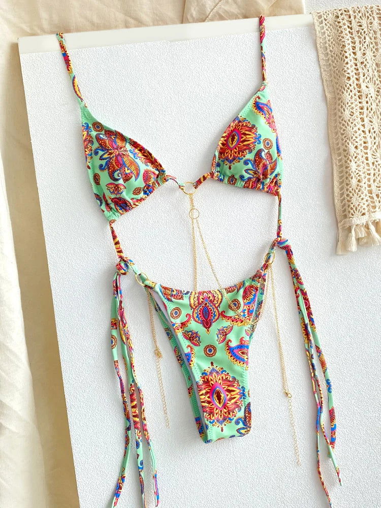 Sexy Triangle Chains Bikini Sets Micro Thongs Swimsuit Women Bathing Suit Biquini Bandage Beachwear Print Swimwear Thong Bikini - Slobuy