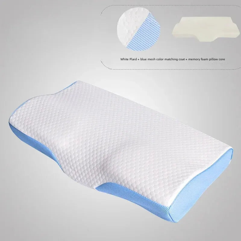 Slow Recovery Vacuum Memory Cotton Pillow Core Butterfly Neck Support Adult White Grey Mesh Blue Edge Double Pillow Color - Slobuy