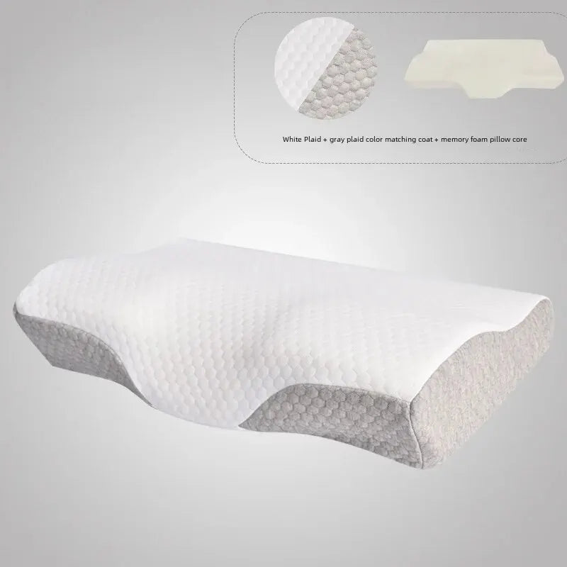 Slow Recovery Vacuum Memory Cotton Pillow Core Butterfly Neck Support Adult White Grey Mesh Blue Edge Double Pillow Color - Slobuy