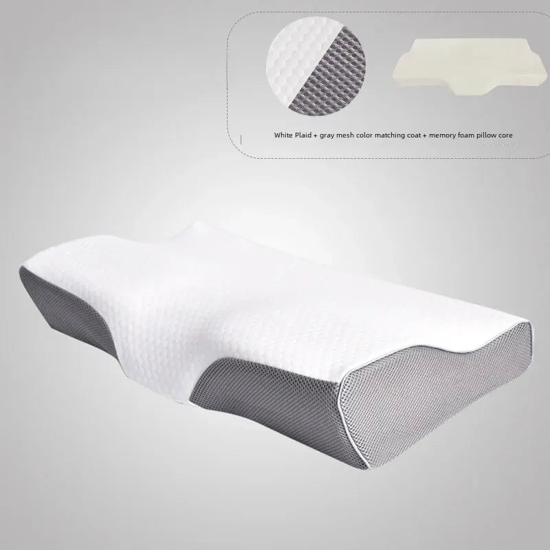 Slow Recovery Vacuum Memory Cotton Pillow Core Butterfly Neck Support Adult White Grey Mesh Blue Edge Double Pillow Color - Slobuy