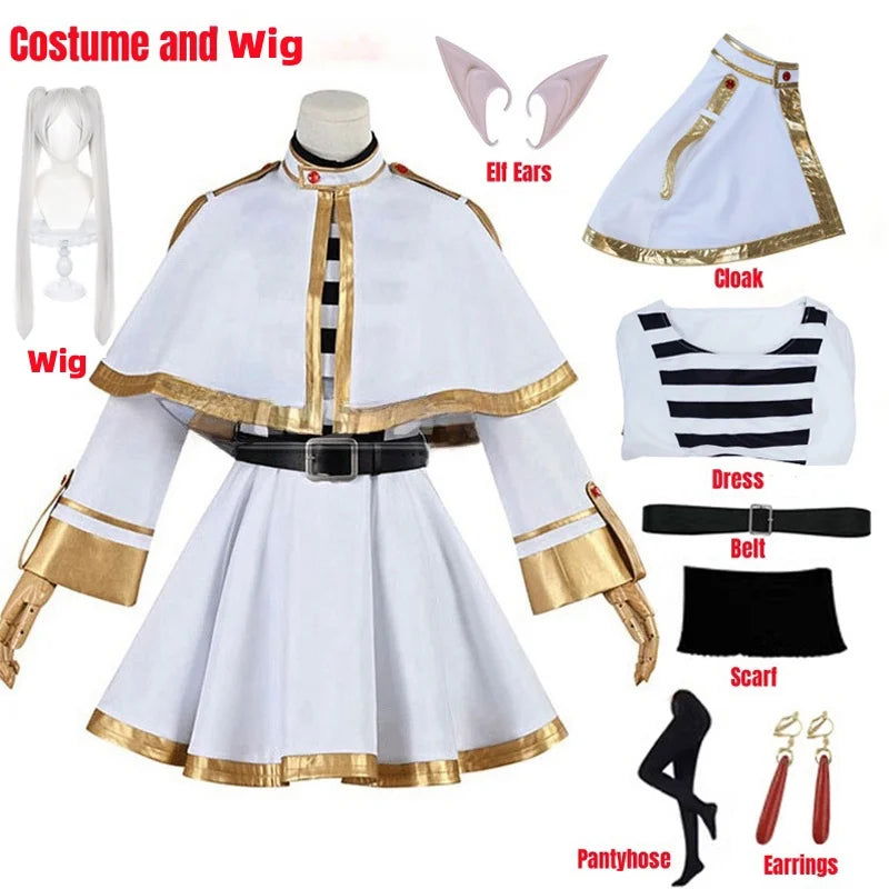 Sousou No Frieren Cosplay Costume Wig Shoes Anime Magician Dress Elf Ear Halloween Party Charistmas for Women Girls - Slobuy