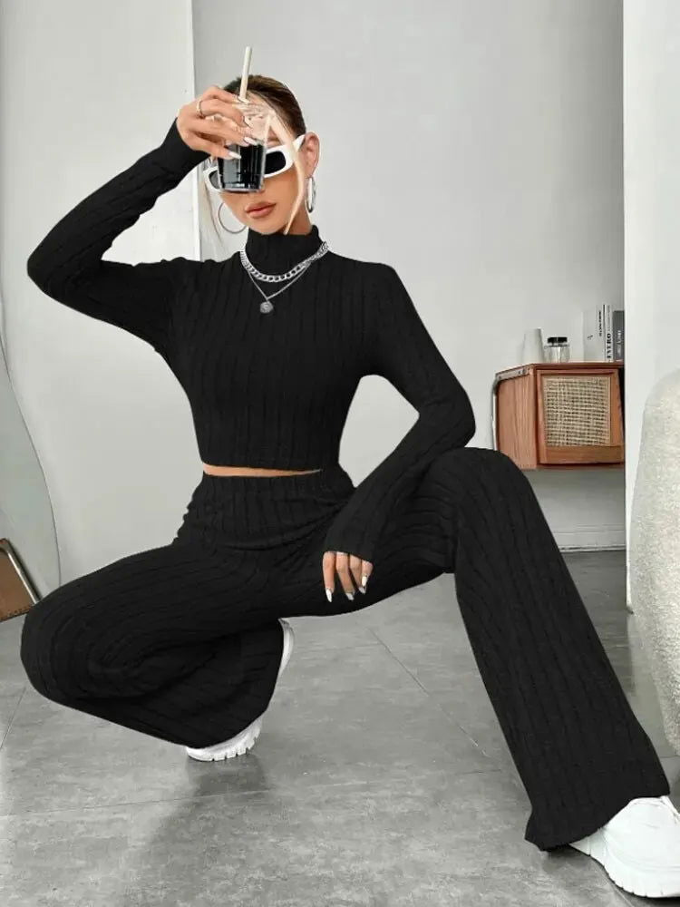Stand Collar Navel T-shirt and Trumpet pants - Slobuy