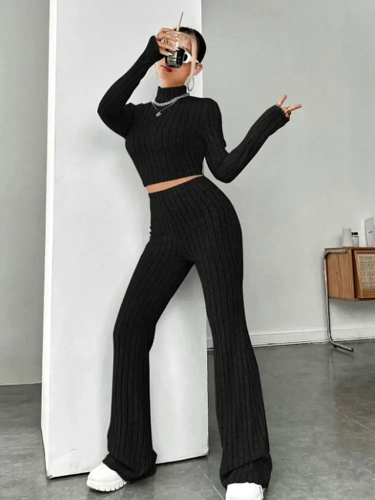 Stand Collar Navel T-shirt and Trumpet pants - Slobuy