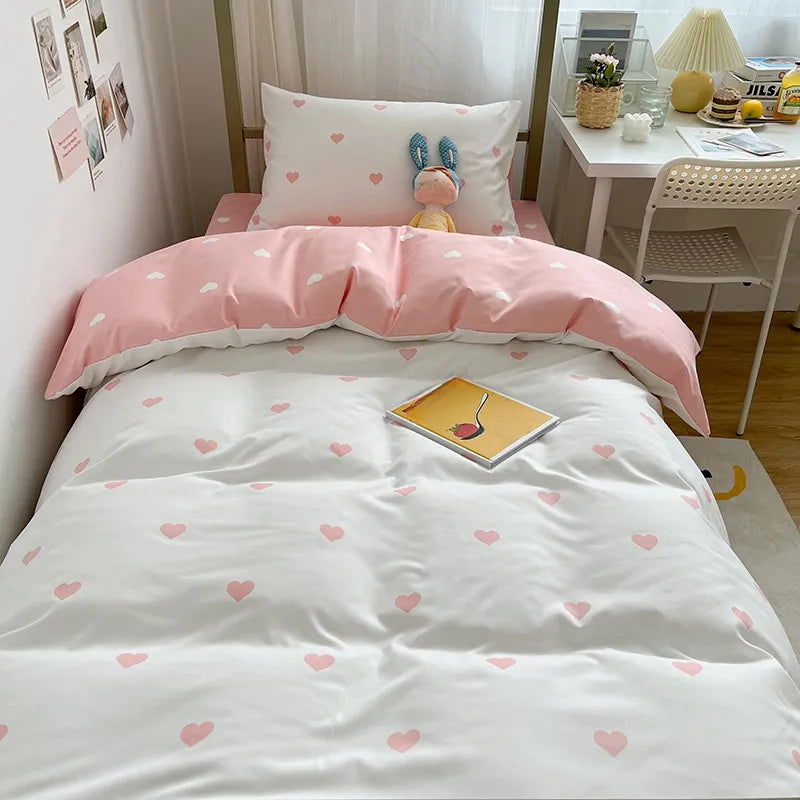 Student Dormitory Three-Piece Set Love Printed Quilt Cover Household Bed Sheet Set Skin-Friendly Soft Suitable for Sleeping Nake - Slobuy