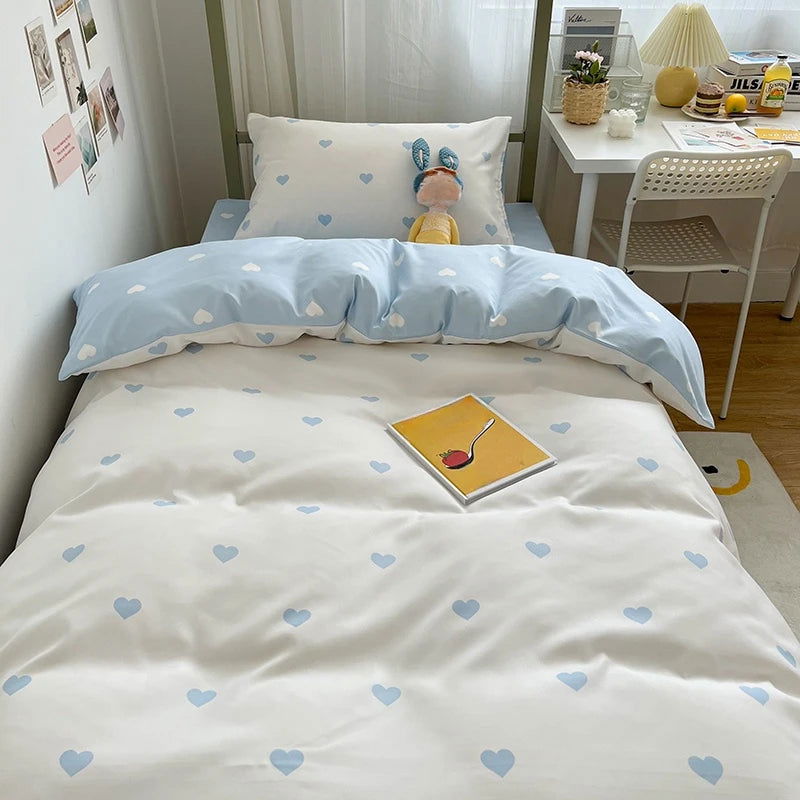 Student Dormitory Three-Piece Set Love Printed Quilt Cover Household Bed Sheet Set Skin-Friendly Soft Suitable for Sleeping Nake - Slobuy