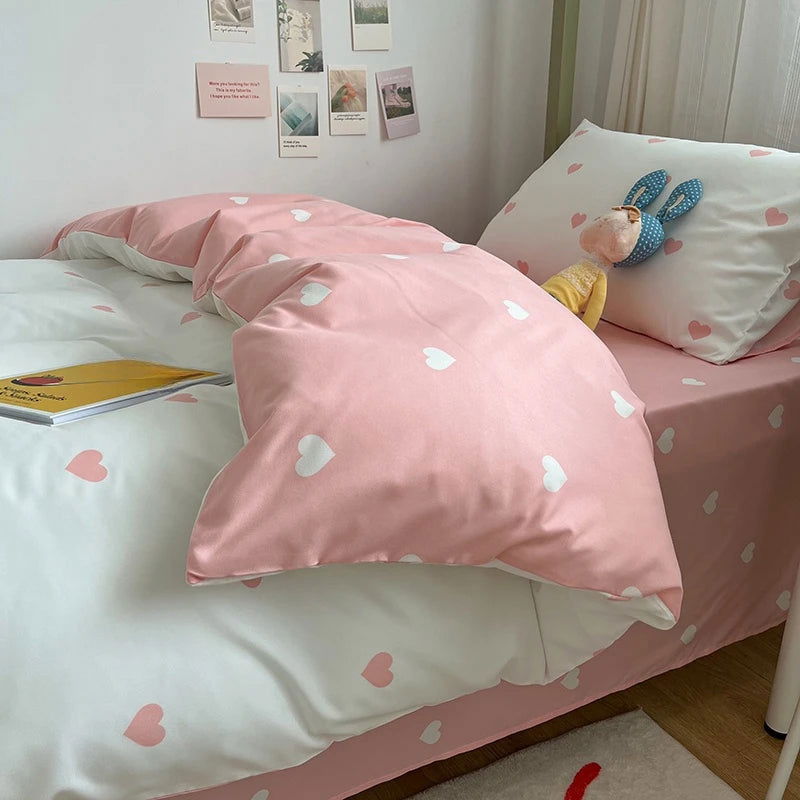 Student Dormitory Three-Piece Set Love Printed Quilt Cover Household Bed Sheet Set Skin-Friendly Soft Suitable for Sleeping Nake - Slobuy
