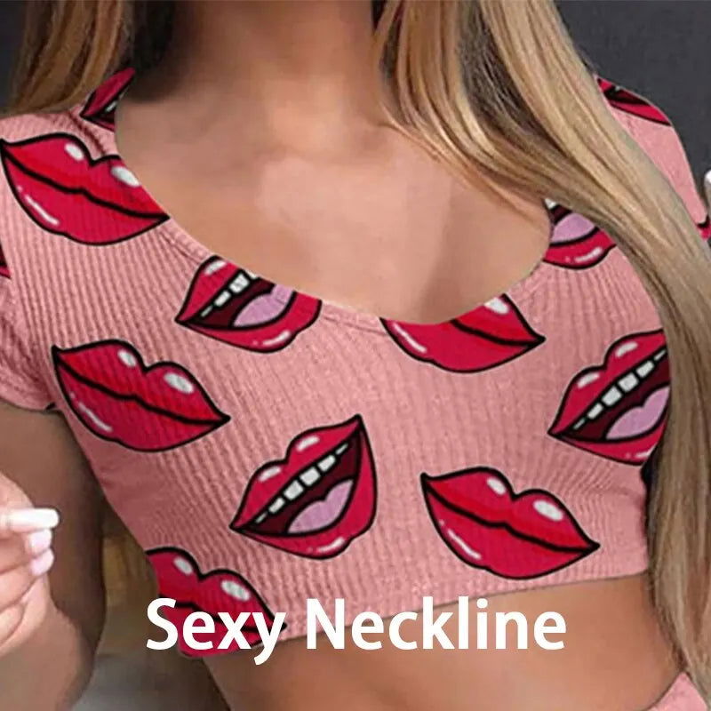 Summer Short Sexy Casual Lips Print Female Sleepwear Suit Pajamas 2pcs Top+Pants Skinng Women Homewear Underwear - Slobuy