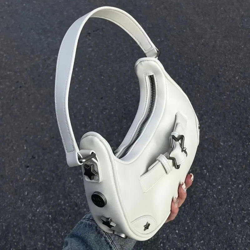 Vintage Korean Casual Cute White Star Shoulder Underarm Tote Bag Ladies Sling Bags Leather Zip Purses Handbags Women - Slobuy