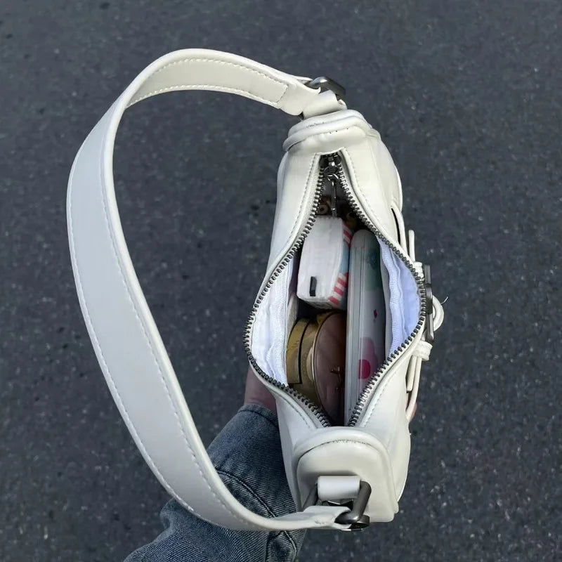 Vintage Korean Casual Cute White Star Shoulder Underarm Tote Bag Ladies Sling Bags Leather Zip Purses Handbags Women - Slobuy