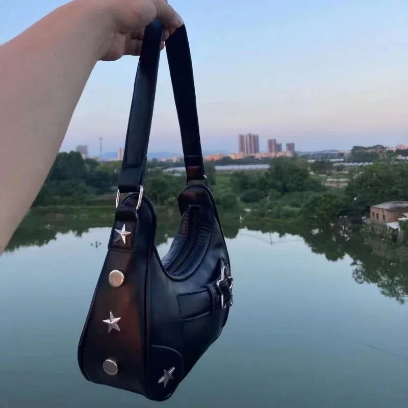 Vintage Korean Casual Cute White Star Shoulder Underarm Tote Bag Ladies Sling Bags Leather Zip Purses Handbags Women - Slobuy