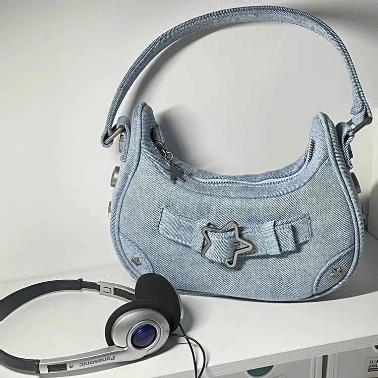 Vintage Korean Casual Cute White Star Shoulder Underarm Tote Bag Ladies Sling Bags Leather Zip Purses Handbags Women - Slobuy