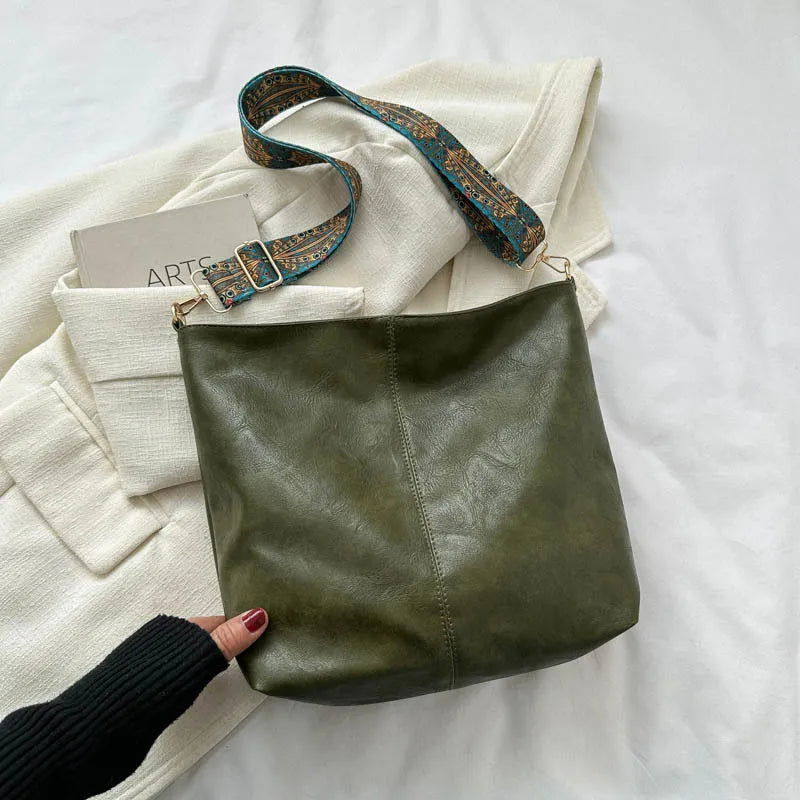 Wide Geometric Strap Shoulder Bag Large Capacity Crossbody Bags For Women,Retro Pu Leather Women's Bag For Shopping & Travel - Slobuy