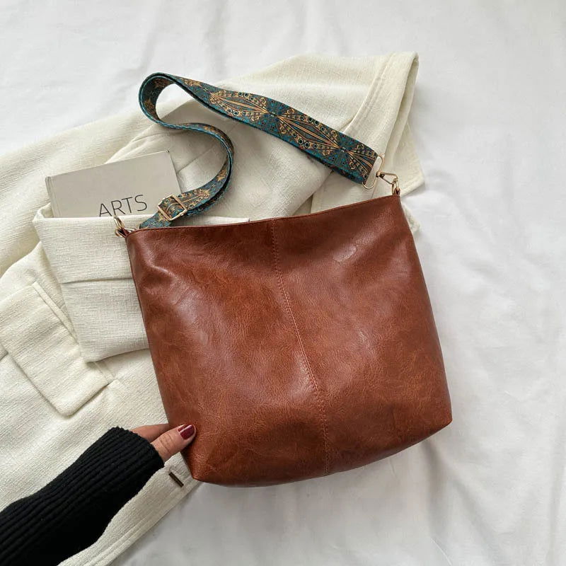 Wide Geometric Strap Shoulder Bag Large Capacity Crossbody Bags For Women,Retro Pu Leather Women's Bag For Shopping & Travel - Slobuy