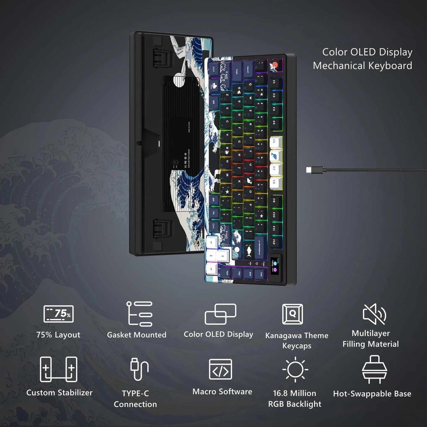 Wired Mechanical Gaming Keyboard with OLED Display Full Key Hot-Swappable Pudding RGB Backlit Keyboard for PC Computer Laptop - Slobuy