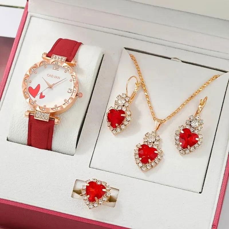 Women Luxury Watch Ring Necklace Earrings Rhinestone Love Dial Fashion Wristwatch Female Casual Ladies Watches Set Clock - Slobuy
