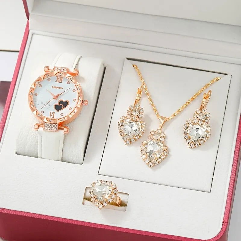 Women Luxury Watch Ring Necklace Earrings Rhinestone Love Dial Fashion Wristwatch Female Casual Ladies Watches Set Clock - Slobuy