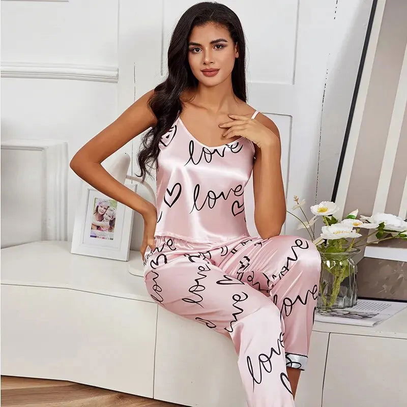 Women Satin Silk Pajamas Sets Letter Print Cami Vest Shirt With Trouser Sleepwear Ladie Sexy Pajama Lingerie Pyjamas Nightwear - Slobuy