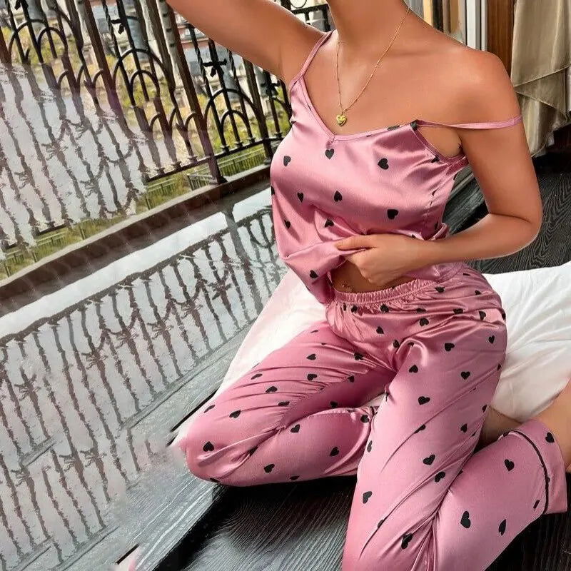 Women Satin Silk Pajamas Sets Letter Print Cami Vest Shirt With Trouser Sleepwear Ladie Sexy Pajama Lingerie Pyjamas Nightwear - Slobuy